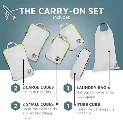 Compression Packing Cubes for Travel - Luggage and Backpack Organizer Packaging Cubes for Clothes (White and Green, 6 Piece Set)
