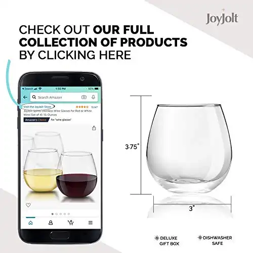 JoyJolt Spirits Stemless Wine Glasses for Red or White Wine (Set of 4)-15-Ounces