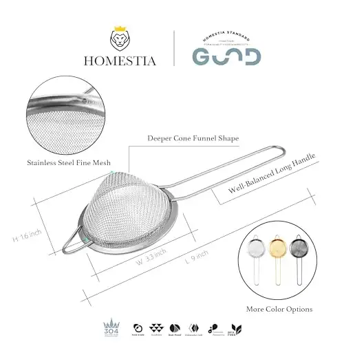 Homestia Fine Mesh Sieve Strainer 304 Stainless Steel Cocktail Strainer Food Strainers Tea Strainer Coffee Strainer with Long Handle for Double Straining Utensil 3.3 inch Silver