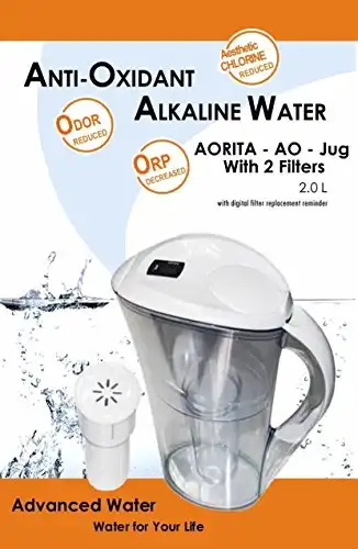 AORITA-AO-JUG Water Quality Association Certificate Antioxidant Alkaline 2 Liters (2L) 13 Cups Mineral pH Balance Drinking Water Filtration/Ionizer/Purifier Pitcher+2 Water Jug Filter Cartridges