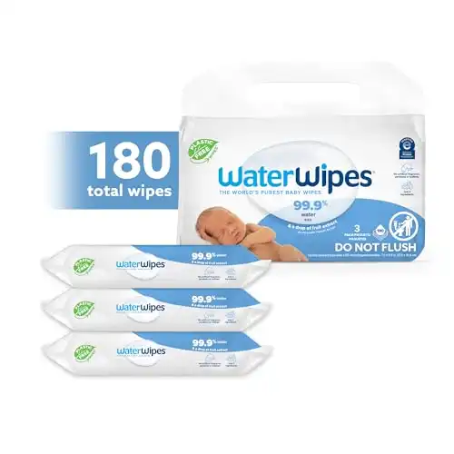 WaterWipes Plastic-Free Original Baby Wipes, 99.9% Water Based Wipes, Unscented & Hypoallergenic for Sensitive Skin, 180 Count (3 packs), Packaging May Vary