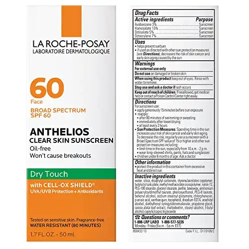 La Roche-Posay Anthelios Clear Skin Sunscreen Dry Touch SPF 60 | Oil Free Sunscreen For Face | Oil Absorbing | Broad Spectrum SPF + Antioxidants | Non-Greasy | Oxybenzone Free | Travel Size Sunscreen